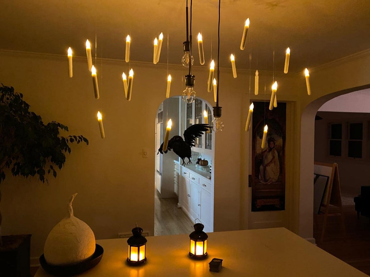Homemory Hanging Floating Candles with Wand Remote and String, Flying Flameless LED Taper Candles Warm White Light, Battery Operated Window Candles with Wand for Halloween Christmas Party, 12 Pcs