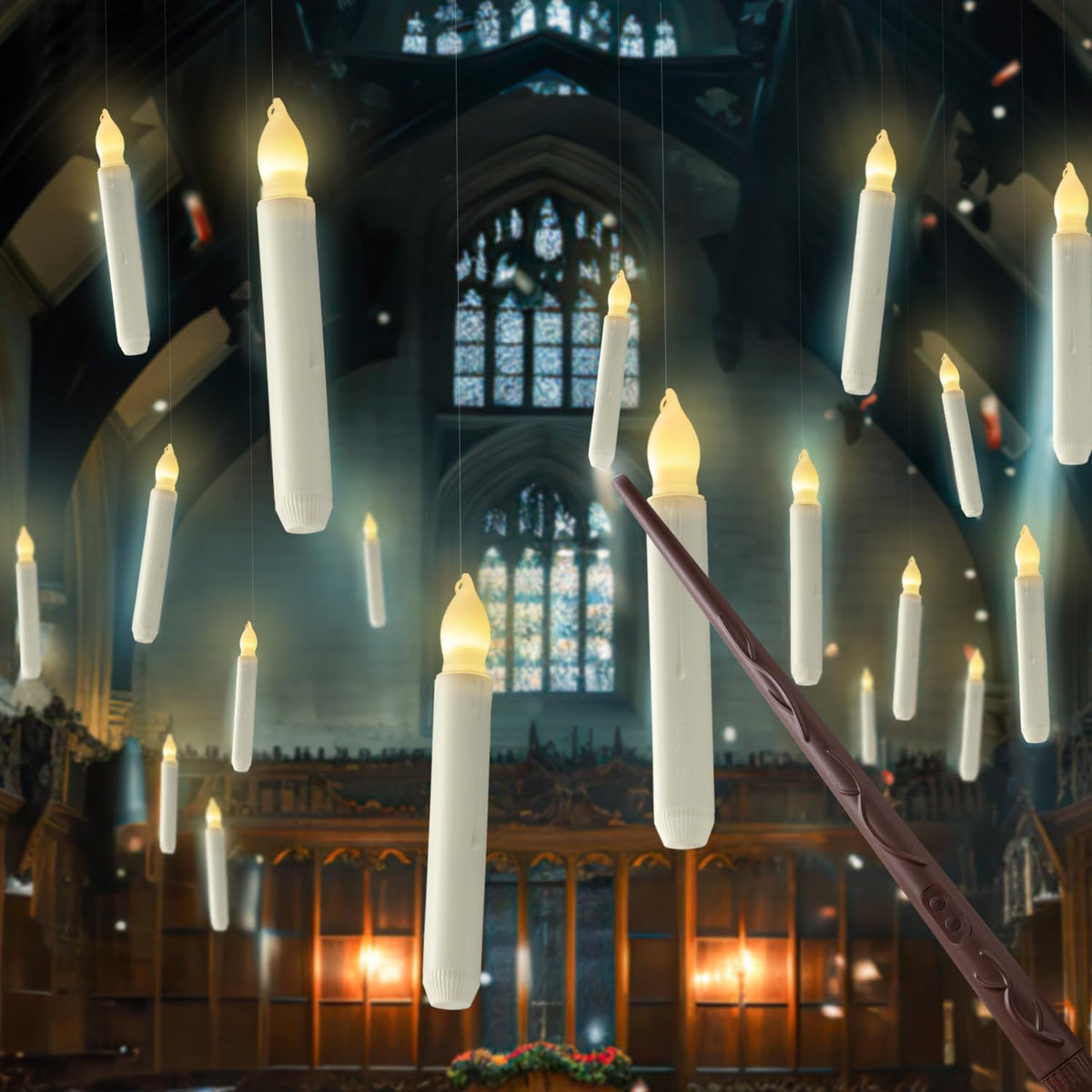 Homemory Hanging Floating Candles with Wand Remote and String, Flying Flameless LED Taper Candles Warm White Light, Battery Operated Window Candles with Wand for Halloween Christmas Party, 12 Pcs
