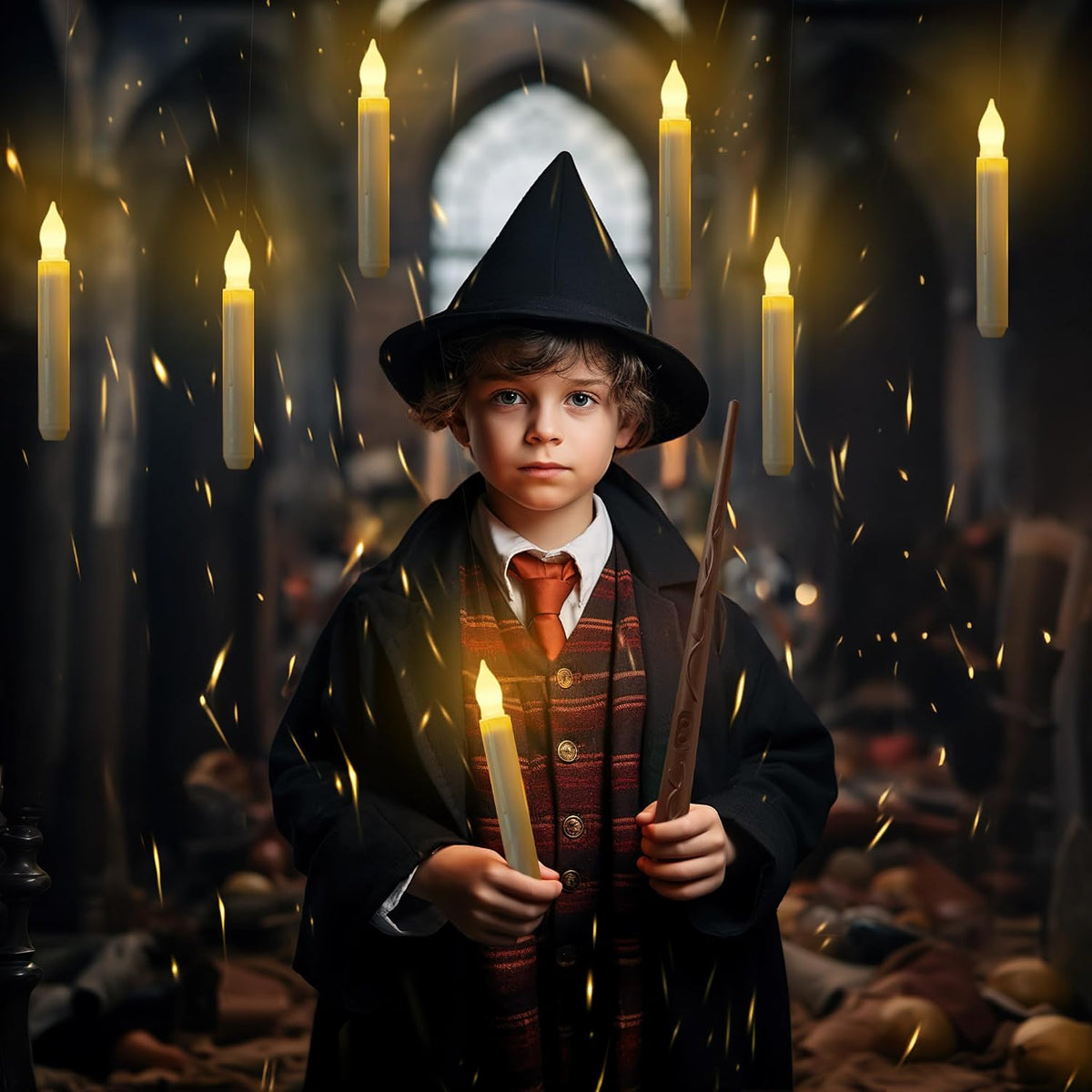 Homemory Hanging Floating Candles with Wand Remote and String, Flying Flameless LED Taper Candles Warm White Light, Battery Operated Window Candles with Wand for Halloween Christmas Party, 12 Pcs