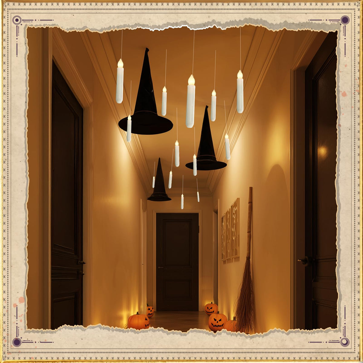 Homemory Hanging Floating Candles with Wand Remote and String, Flying Flameless LED Taper Candles Warm White Light, Battery Operated Window Candles with Wand for Halloween Christmas Party, 12 Pcs