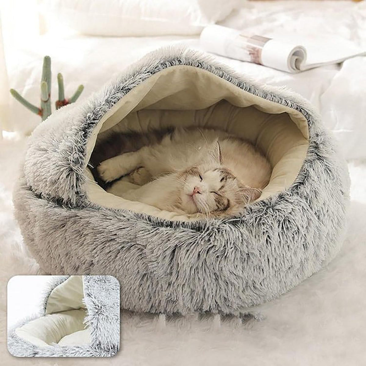 Nest Bed,Cozy Cocoon Pet Bed,Cozy Sleeping Bag for Cats,Plush Dog Bed Cave,Cat Nest Beds for Indoor Cats,No Slip Bottom (Gray, 16in)