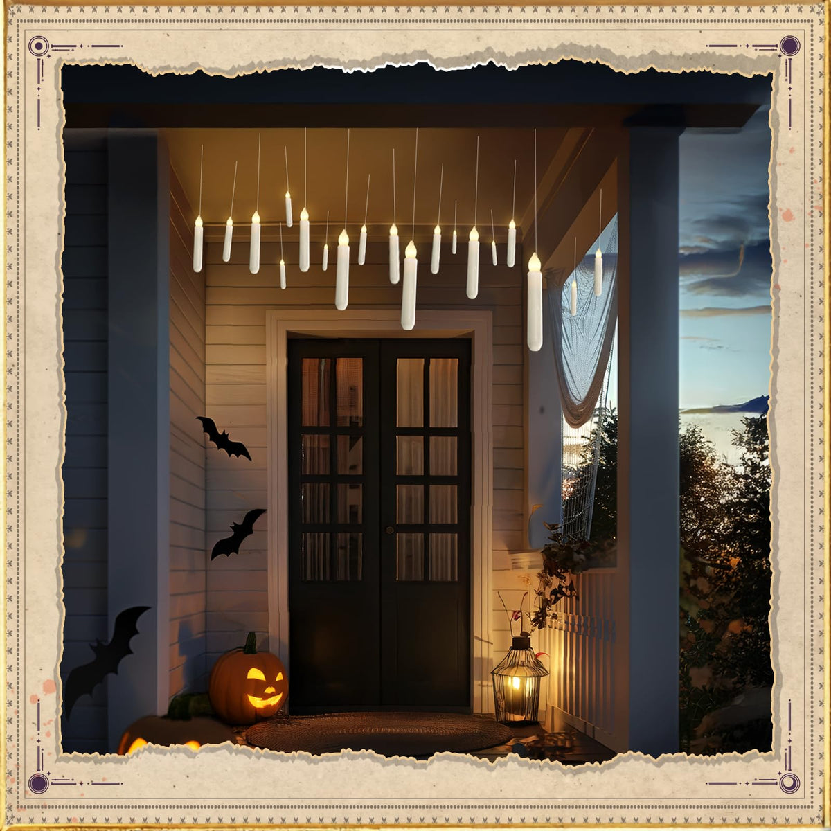 Homemory Hanging Floating Candles with Wand Remote and String, Flying Flameless LED Taper Candles Warm White Light, Battery Operated Window Candles with Wand for Halloween Christmas Party, 12 Pcs