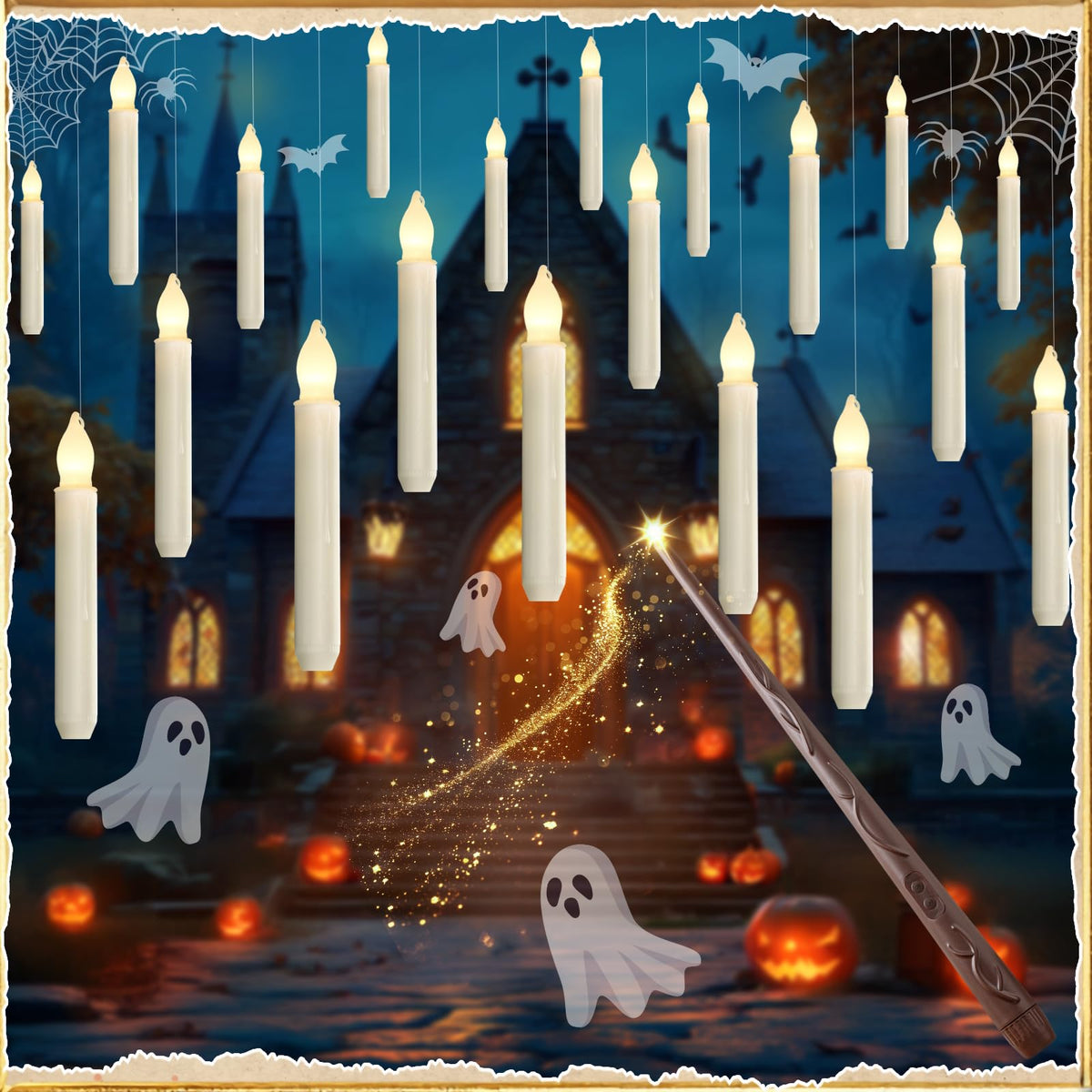 Homemory Hanging Floating Candles with Wand Remote and String, Flying Flameless LED Taper Candles Warm White Light, Battery Operated Window Candles with Wand for Halloween Christmas Party, 12 Pcs