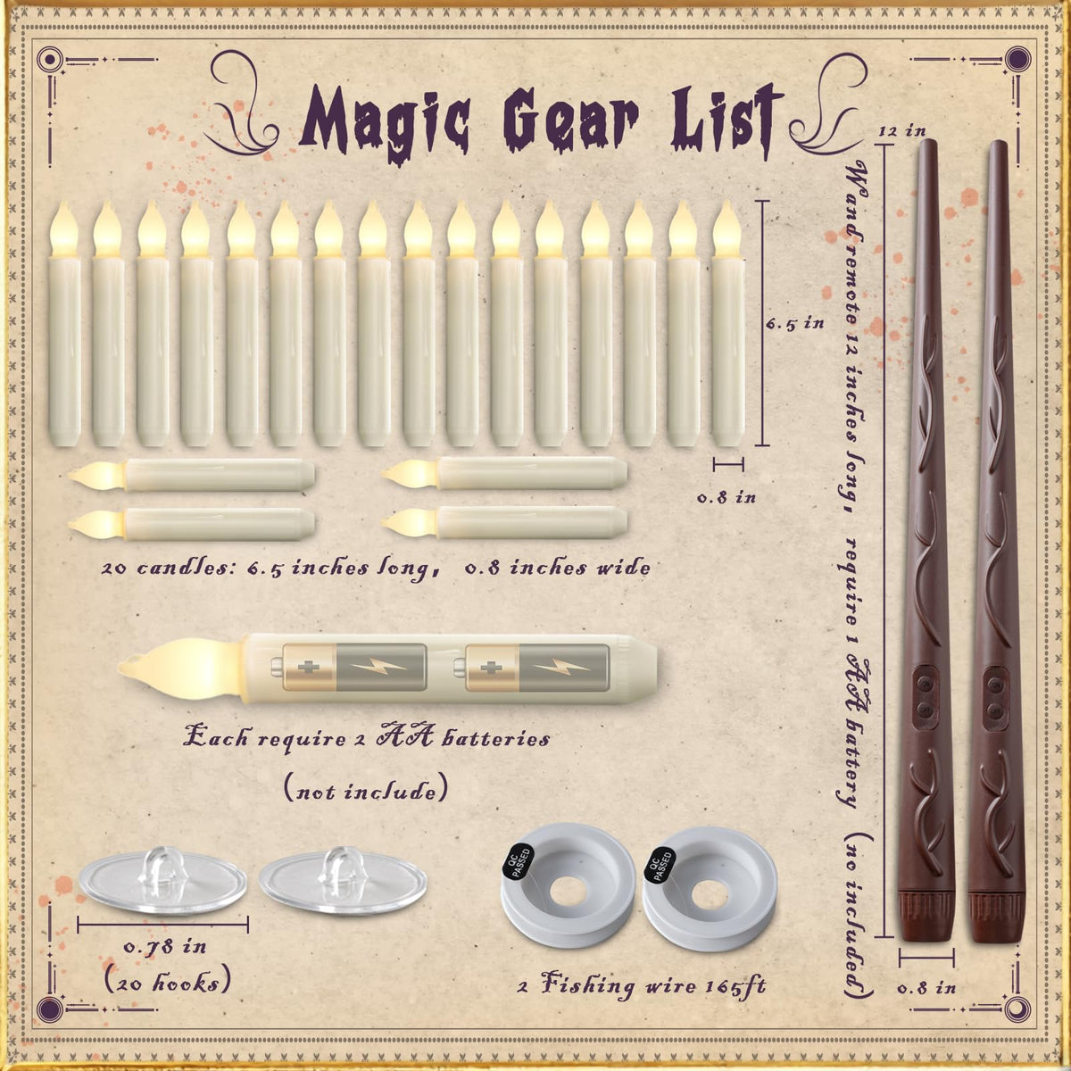 Homemory Hanging Floating Candles with Wand Remote and String, Flying Flameless LED Taper Candles Warm White Light, Battery Operated Window Candles with Wand for Halloween Christmas Party, 12 Pcs