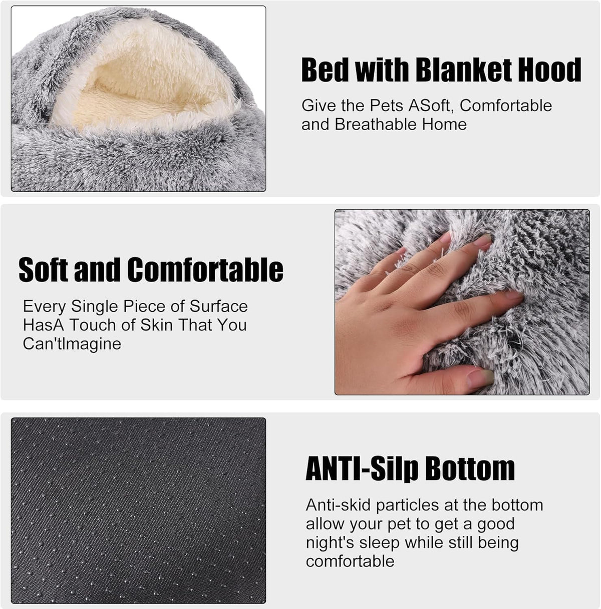 Nest Bed,Cozy Cocoon Pet Bed,Cozy Sleeping Bag for Cats,Plush Dog Bed Cave,Cat Nest Beds for Indoor Cats,No Slip Bottom (Gray, 16in)