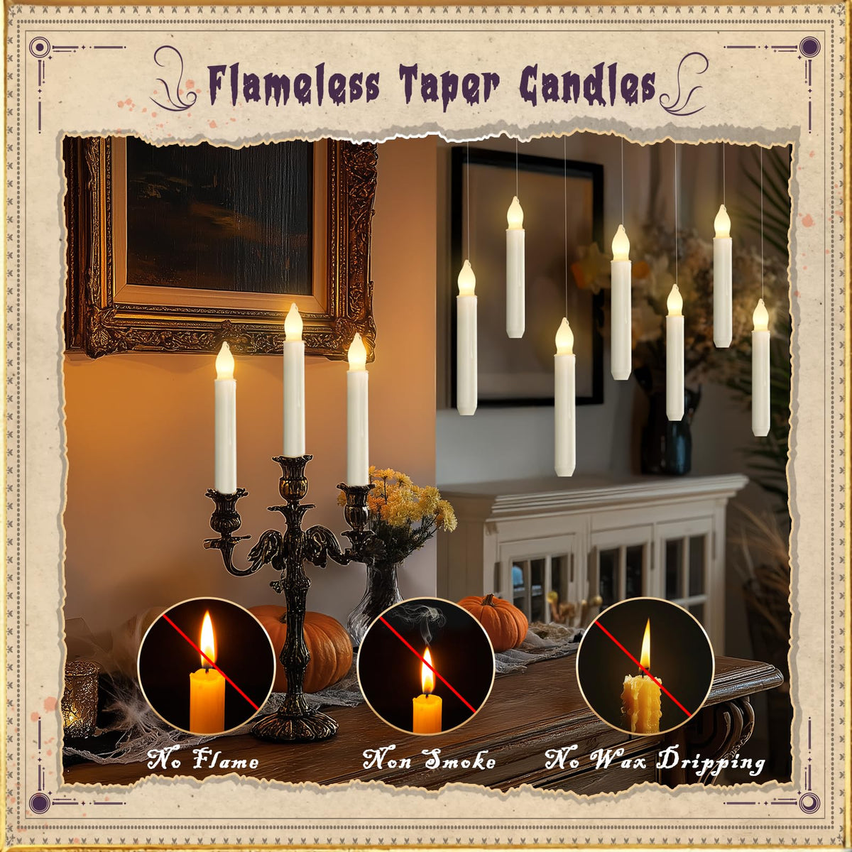 Homemory Hanging Floating Candles with Wand Remote and String, Flying Flameless LED Taper Candles Warm White Light, Battery Operated Window Candles with Wand for Halloween Christmas Party, 12 Pcs