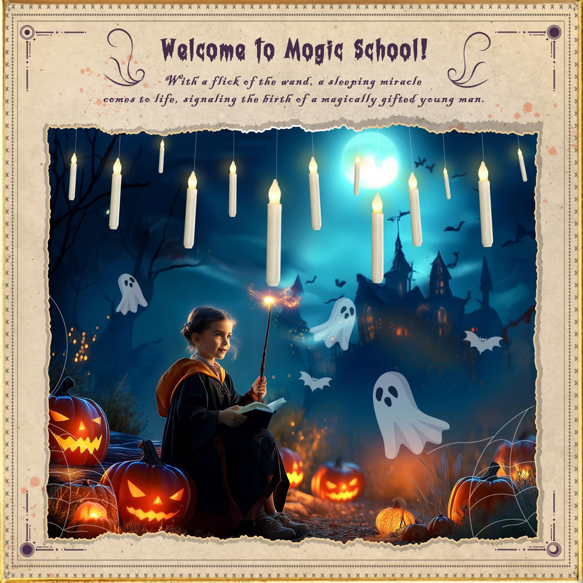 Homemory Hanging Floating Candles with Wand Remote and String, Flying Flameless LED Taper Candles Warm White Light, Battery Operated Window Candles with Wand for Halloween Christmas Party, 12 Pcs