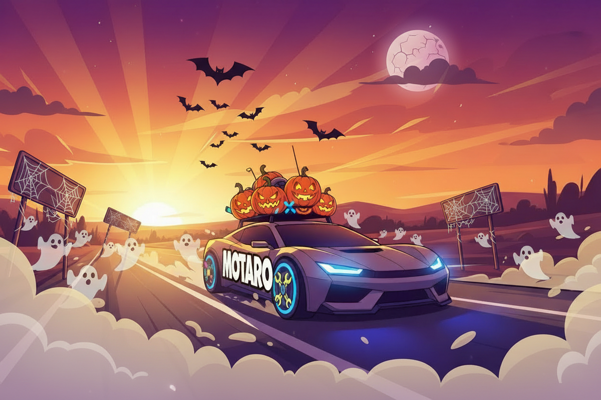 A stylized digital illustration of a sports car driving on a highway at sunset, with glowing blue wheels and a roof-mounted Halloween decoration featuring a jack-o'-lantern and XOX eyes.